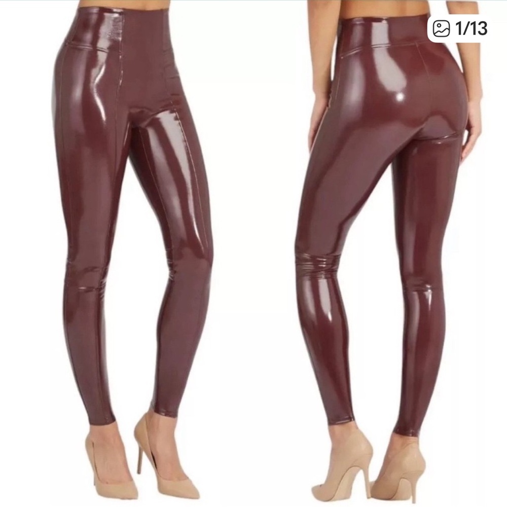 Spanx Faux Patent Leather Leggings Red Ruby Size Small